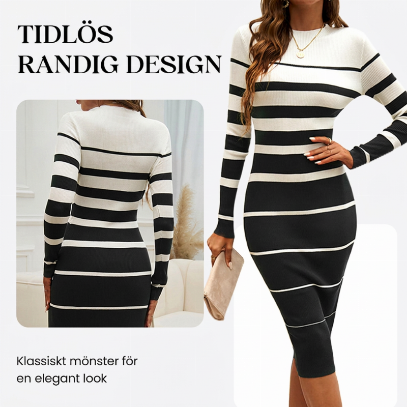 Elegant Randig Stickad Klänning för Kvinnor – Långärmad Figurnära Design med Mjuk Komfort