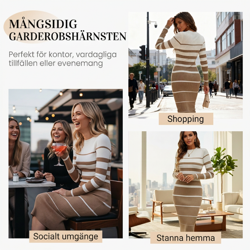 Elegant Randig Stickad Klänning för Kvinnor – Långärmad Figurnära Design med Mjuk Komfort