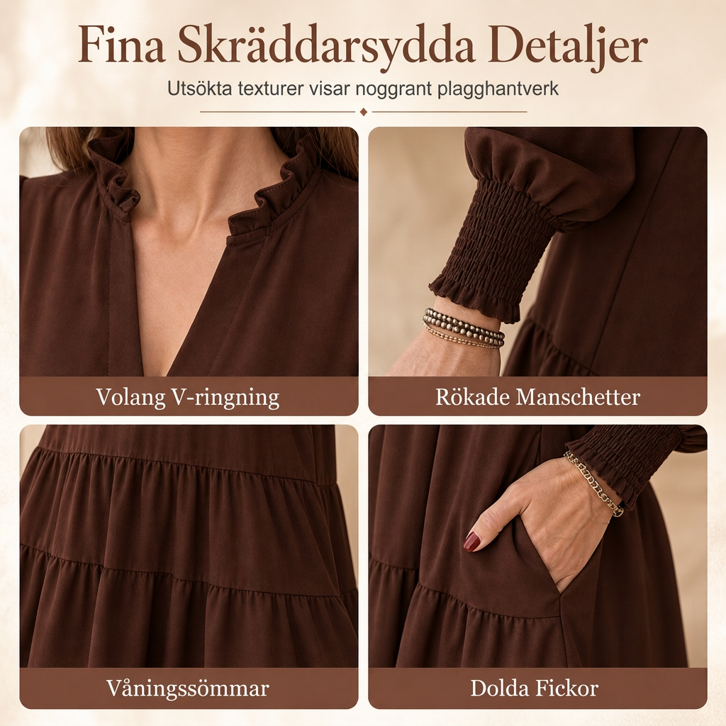 Elegant V-ringad Volangklänning för Kvinnor – Avslappnad Passform med Lagerdesign & Fickor