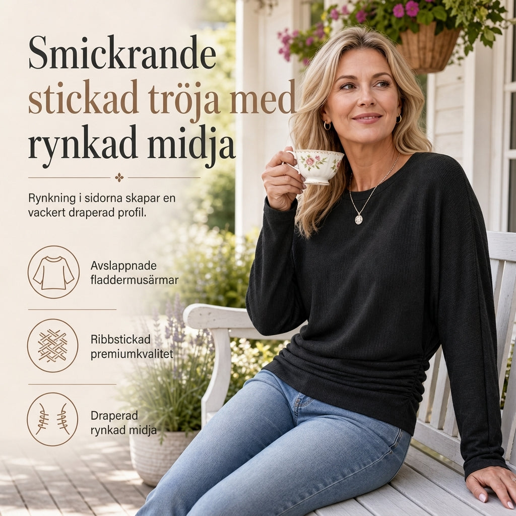 Elegant Oversize Tröja för Dam – Mjuk Stickad Topp med Fladdermusärm & Rynkad Midja