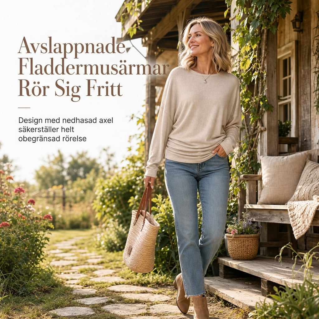 Elegant Oversize Tröja för Dam – Mjuk Stickad Topp med Fladdermusärm & Rynkad Midja