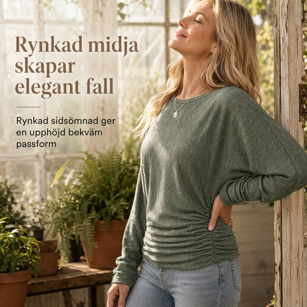 Elegant Oversize Tröja för Dam – Mjuk Stickad Topp med Fladdermusärm & Rynkad Midja