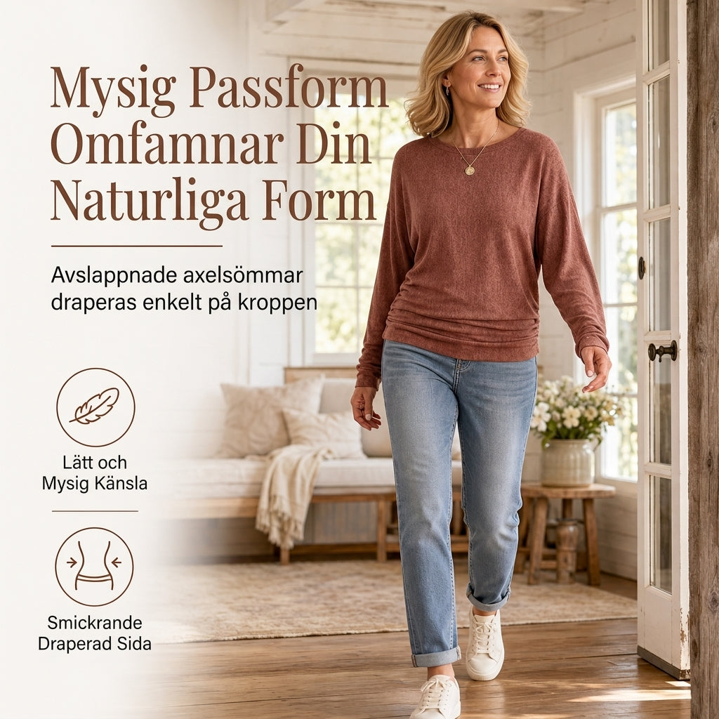 Elegant Oversize Tröja för Dam – Mjuk Stickad Topp med Fladdermusärm & Rynkad Midja