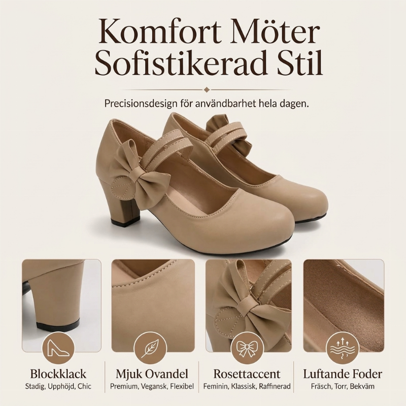 Eleganta skor med blockklack för kvinnor med rosettband