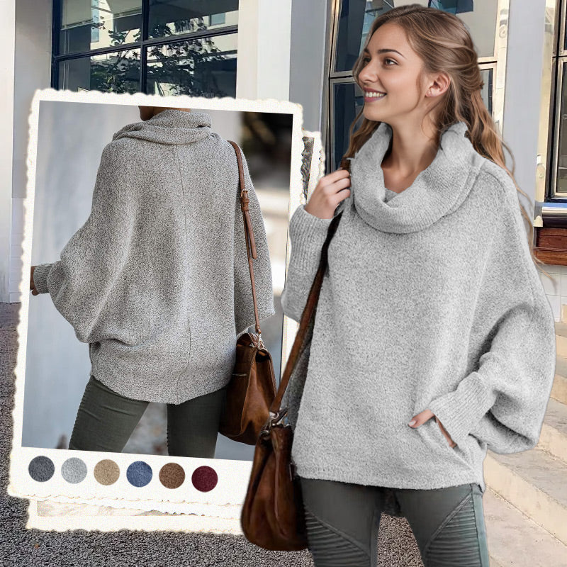 Elegant Oversize Tröja för Dam – Mjuk Batwing Stickad Topp med Draperad Krage & Fickor