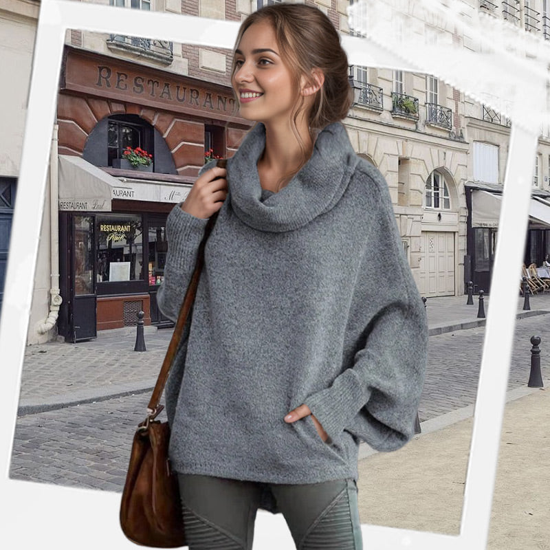 Elegant Oversize Tröja för Dam – Mjuk Batwing Stickad Topp med Draperad Krage & Fickor