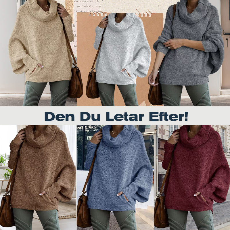 Elegant Oversize Tröja för Dam – Mjuk Batwing Stickad Topp med Draperad Krage & Fickor