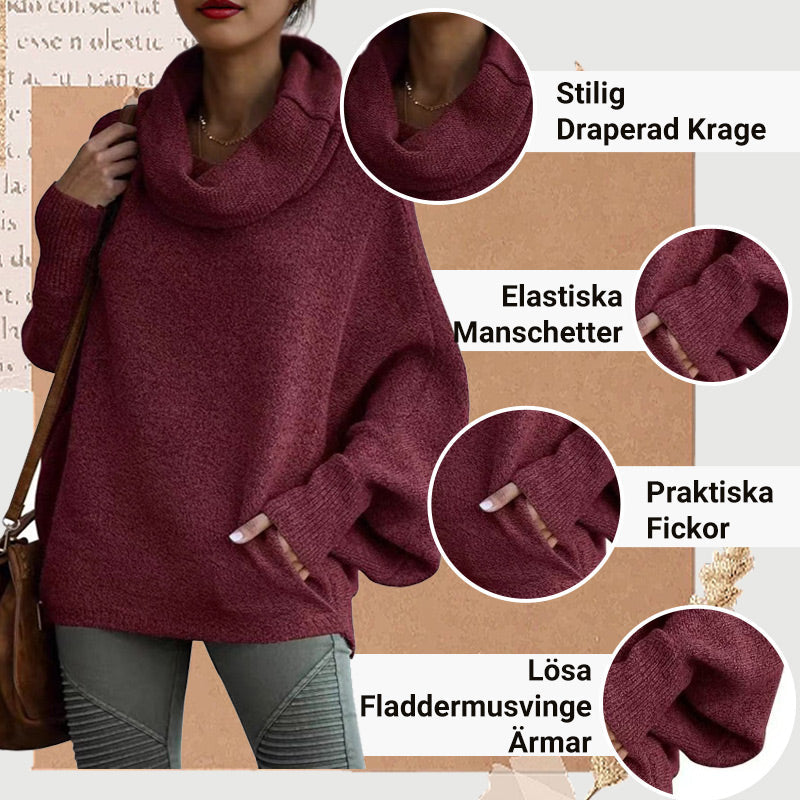 Elegant Oversize Tröja för Dam – Mjuk Batwing Stickad Topp med Draperad Krage & Fickor