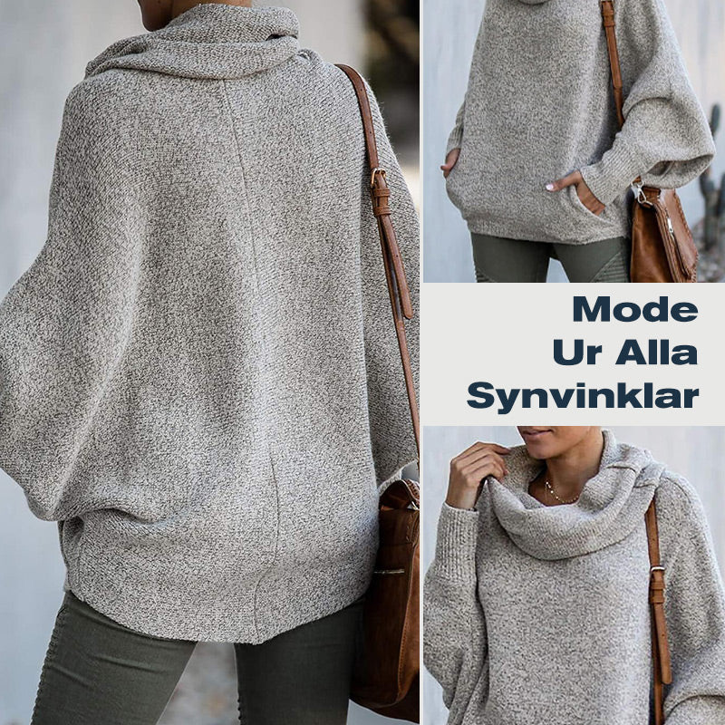 Elegant Oversize Tröja för Dam – Mjuk Batwing Stickad Topp med Draperad Krage & Fickor