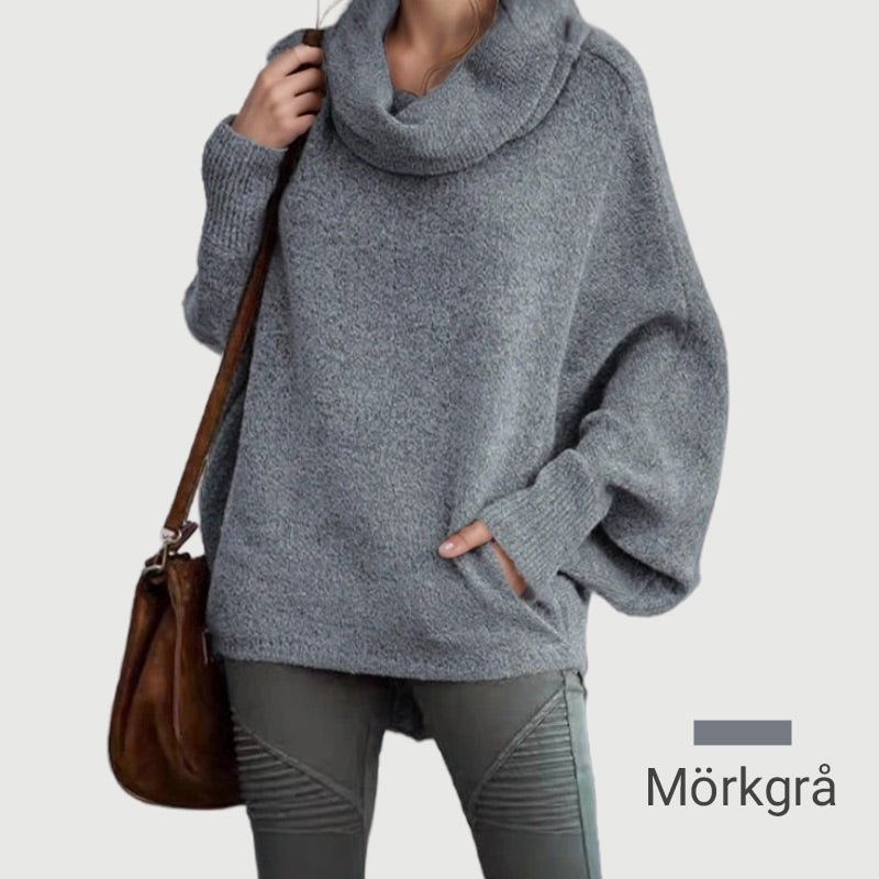 Elegant Oversize Tröja för Dam – Mjuk Batwing Stickad Topp med Draperad Krage & Fickor