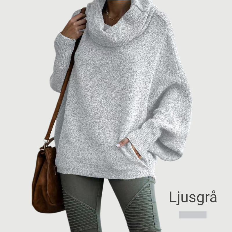 Elegant Oversize Tröja för Dam – Mjuk Batwing Stickad Topp med Draperad Krage & Fickor