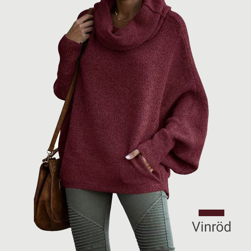 Elegant Oversize Tröja för Dam – Mjuk Batwing Stickad Topp med Draperad Krage & Fickor