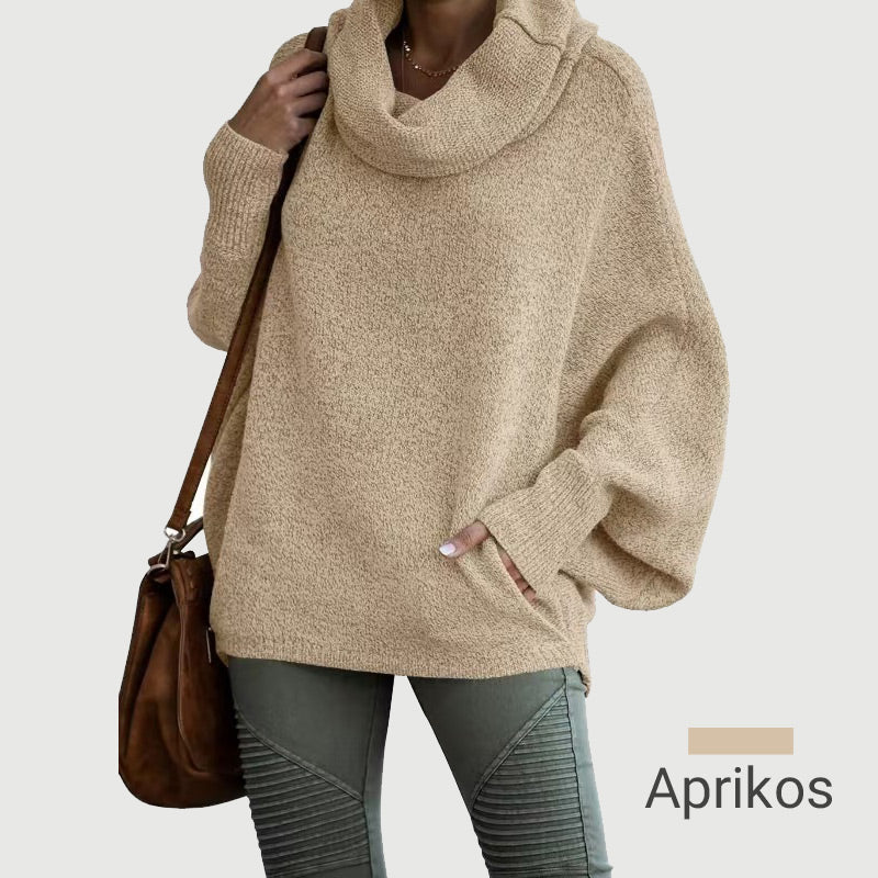 Elegant Oversize Tröja för Dam – Mjuk Batwing Stickad Topp med Draperad Krage & Fickor