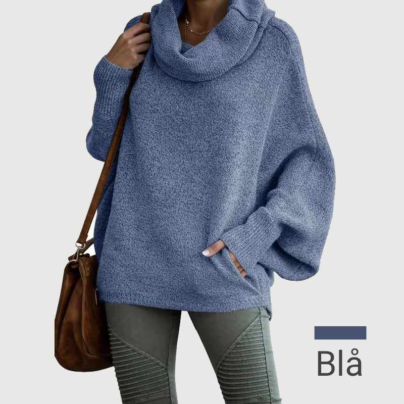 Elegant Oversize Tröja för Dam – Mjuk Batwing Stickad Topp med Draperad Krage & Fickor