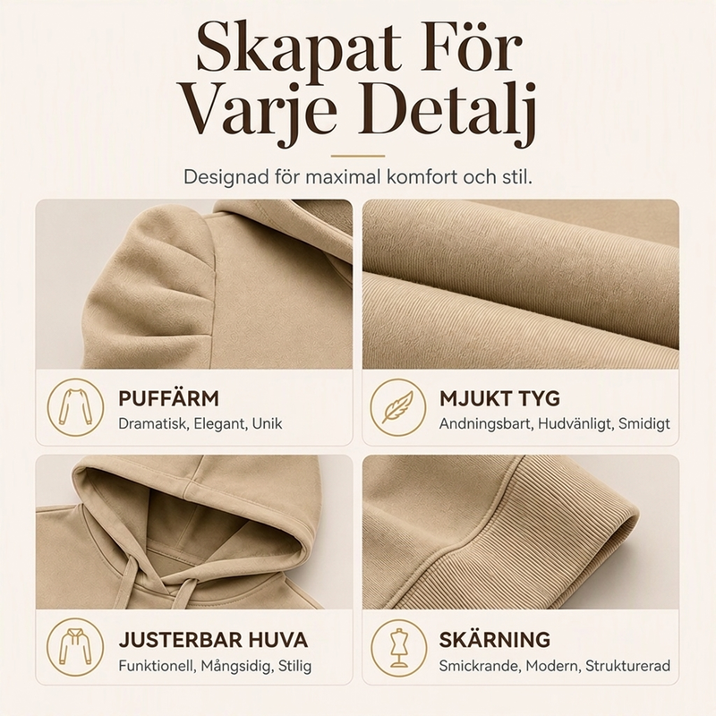 Huvtröja med Puffärmar för Dam – Mjuk & Elegant Hoodie med Avslappnad Passform
