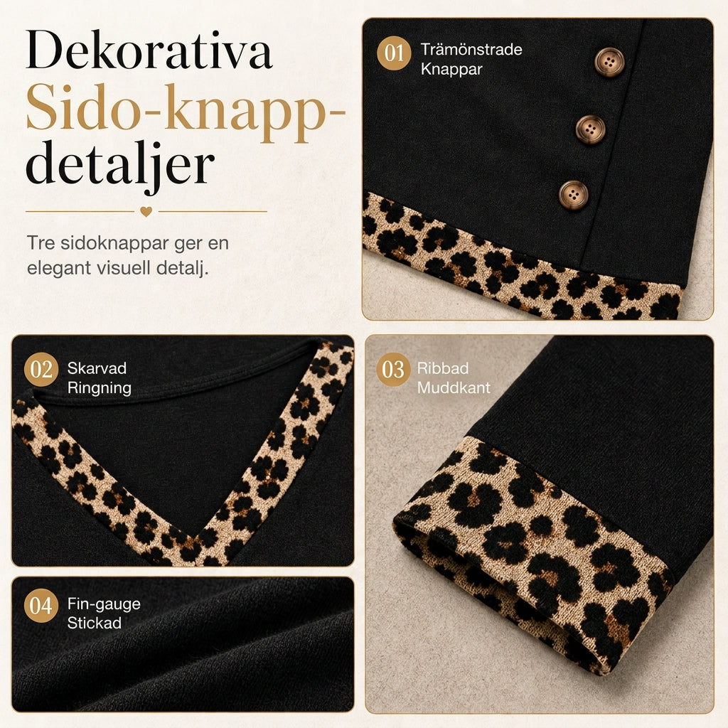 Elegant Stickad Tröja för Dam – V-ringad Topp med Leoparddetaljer & Dekorativa Knappar