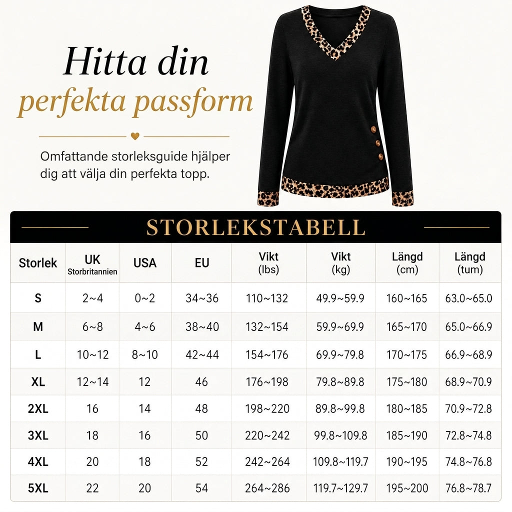 Elegant Stickad Tröja för Dam – V-ringad Topp med Leoparddetaljer & Dekorativa Knappar