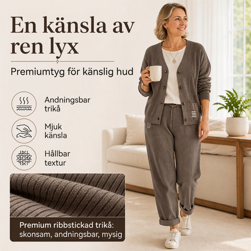 Elegant 2-delat Set för Dam – Mjuk Stickad Kofta & Byxor med Avslappnad Passform