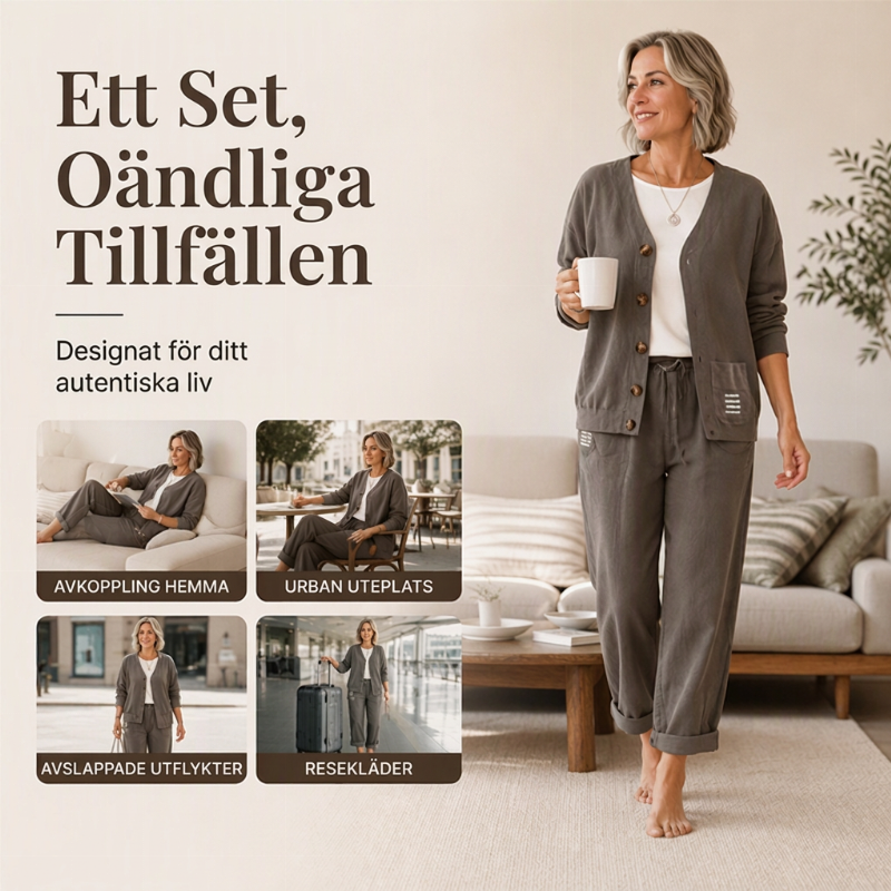 Elegant 2-delat Set för Dam – Mjuk Stickad Kofta & Byxor med Avslappnad Passform