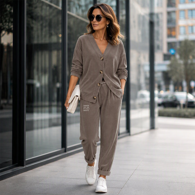 Elegant 2-delat Set för Dam – Mjuk Stickad Kofta & Byxor med Avslappnad Passform