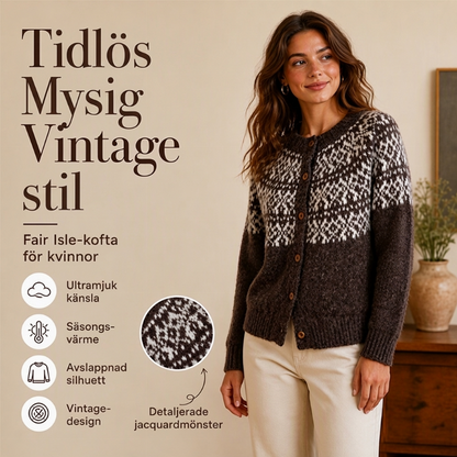 Vintage Jacquard Kofta Dam – Fair Isle Stickad Cardigan med Vintage Mönster