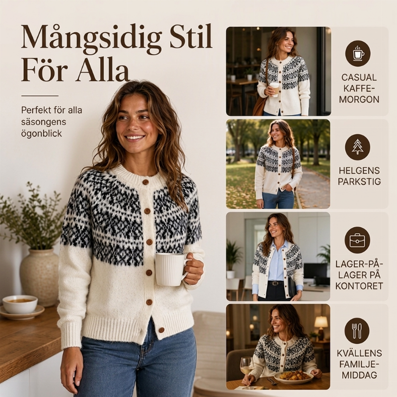 Vintage Jacquard Kofta Dam – Fair Isle Stickad Cardigan med Vintage Mönster