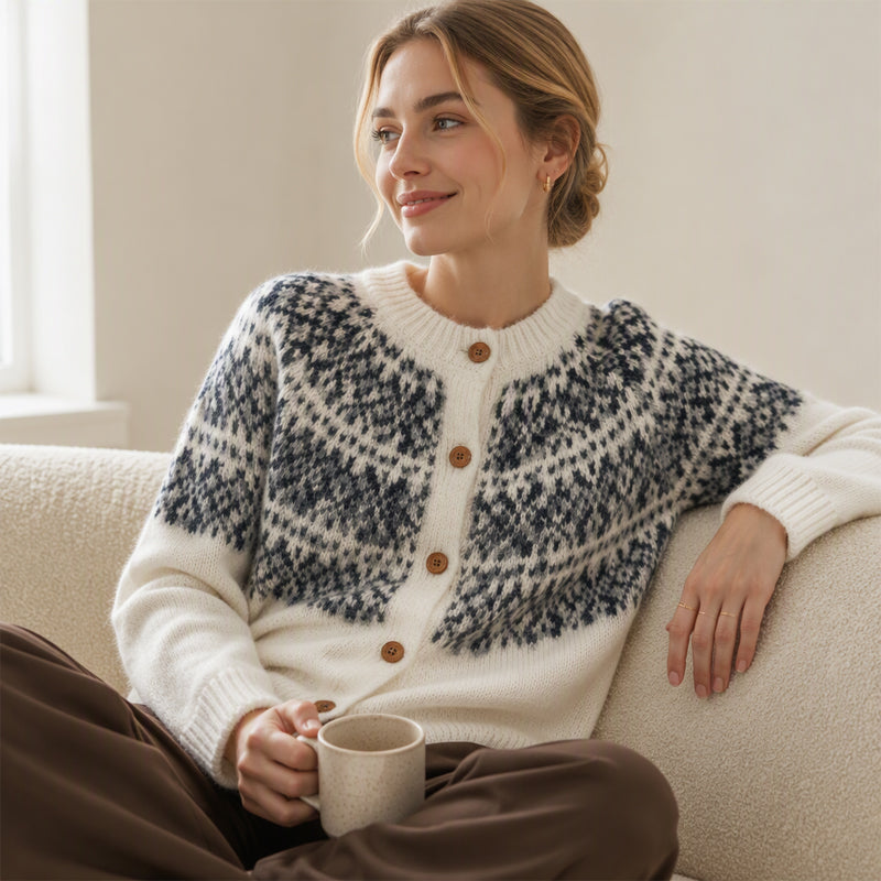 Vintage Jacquard Kofta Dam – Fair Isle Stickad Cardigan med Vintage Mönster