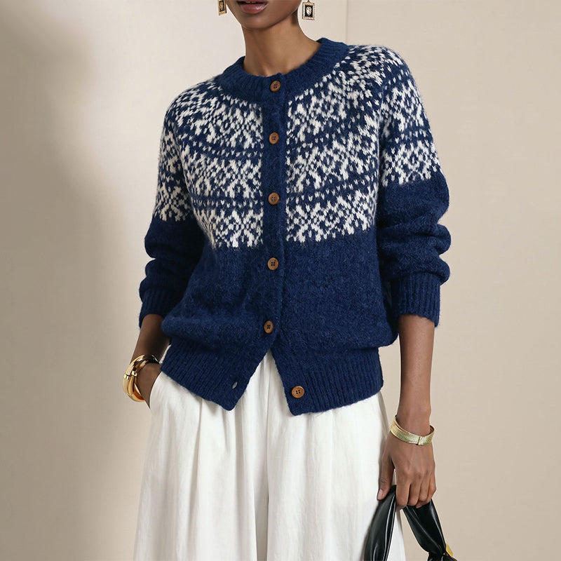 Vintage Jacquard Kofta Dam – Fair Isle Stickad Cardigan med Vintage Mönster