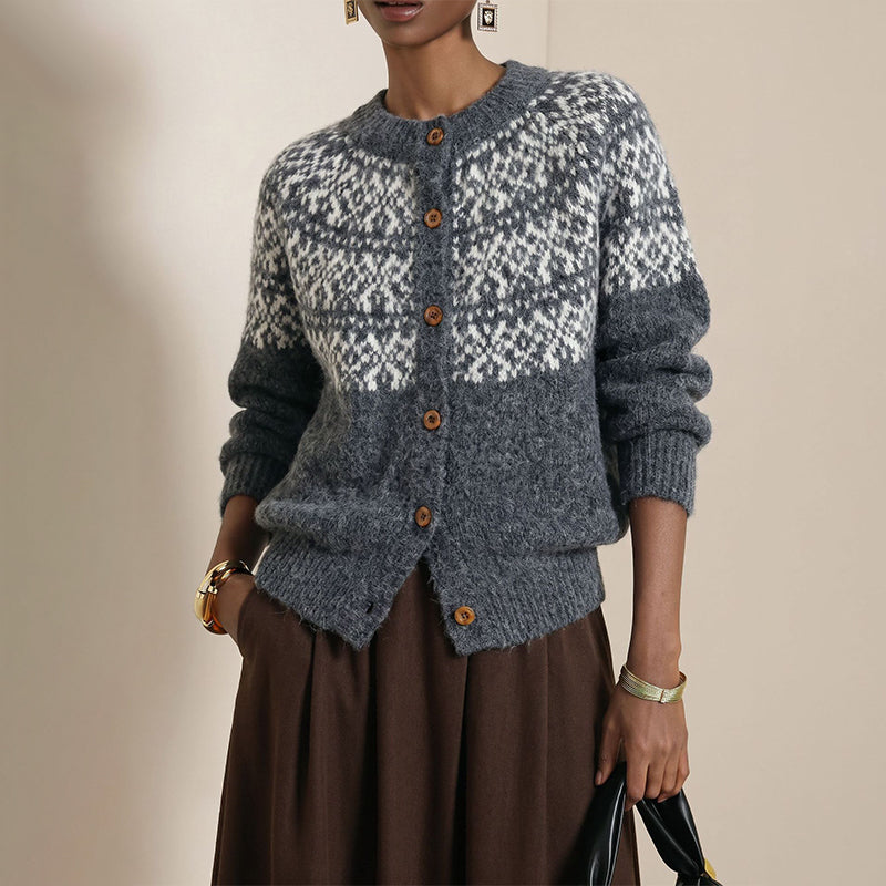 Vintage Jacquard Kofta Dam – Fair Isle Stickad Cardigan med Vintage Mönster