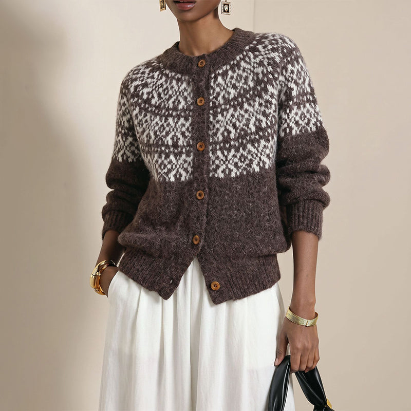 Vintage Jacquard Kofta Dam – Fair Isle Stickad Cardigan med Vintage Mönster