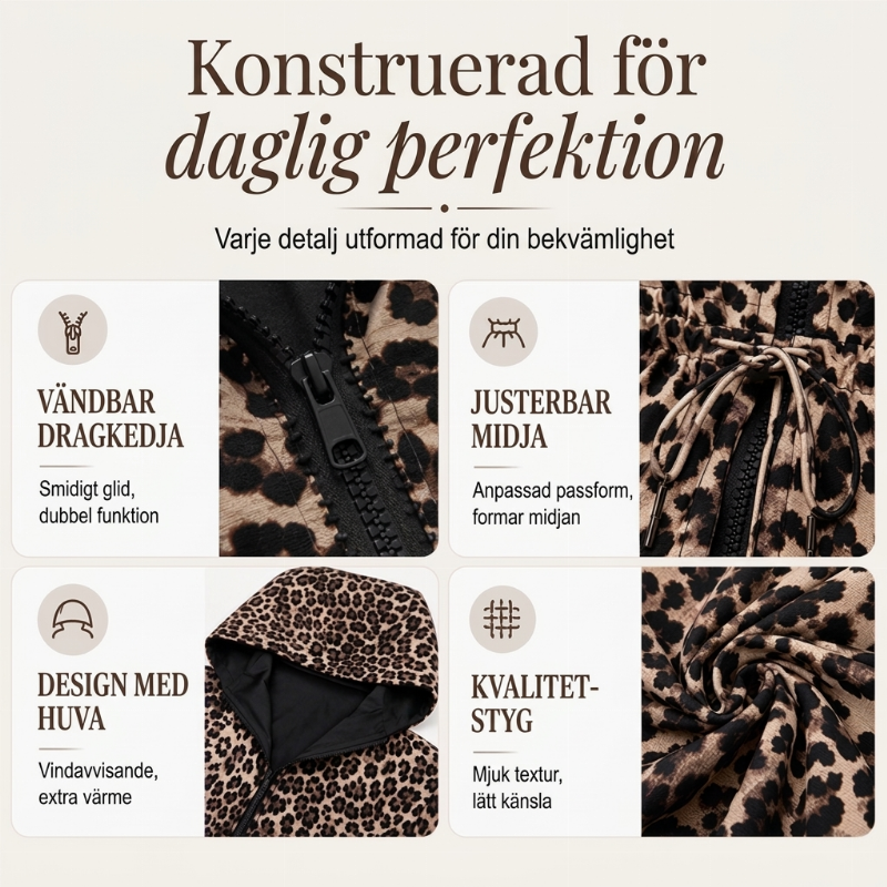 Vändbar Leopardmönstrad Luvjacka Dam – 2-i-1 Jacka med Justerbar Midja
