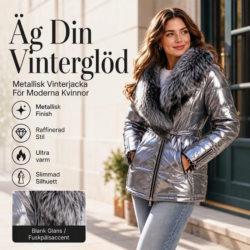 Damjacka i Metallisk Finish med Imitationspälskrage – Midjebälte & Vadderad Passform