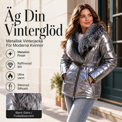 Damjacka i Metallisk Finish med Imitationspälskrage – Midjebälte & Vadderad Passform