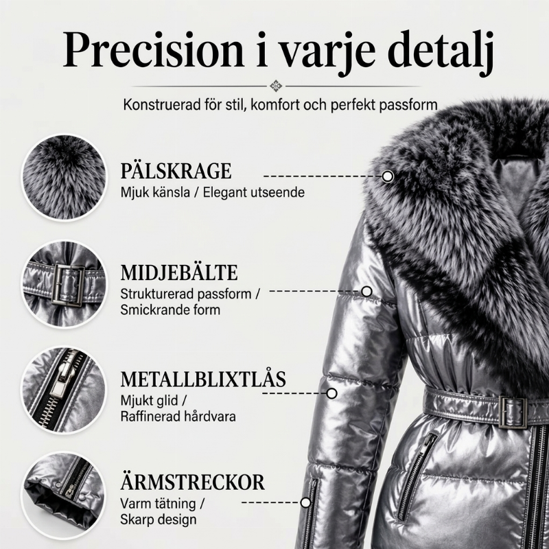 Damjacka i Metallisk Finish med Imitationspälskrage – Midjebälte & Vadderad Passform