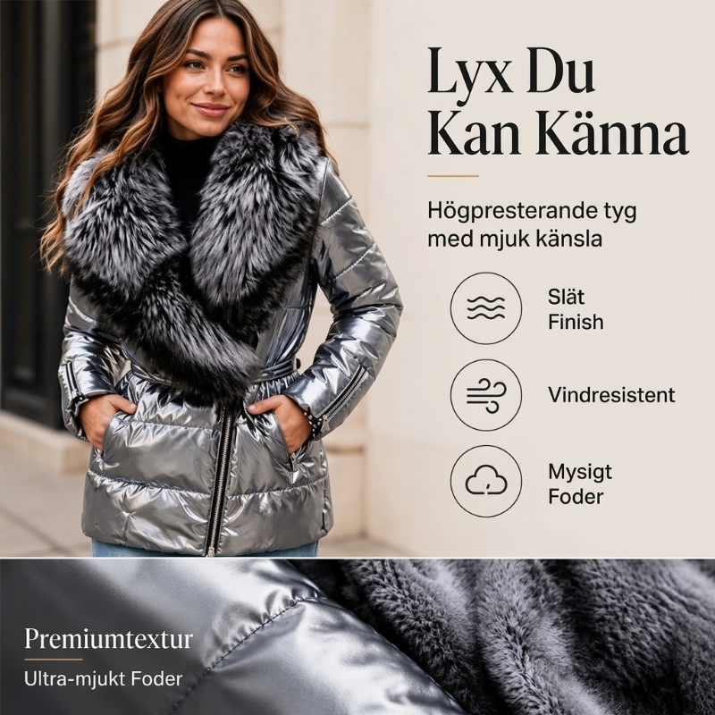 Damjacka i Metallisk Finish med Imitationspälskrage – Midjebälte & Vadderad Passform