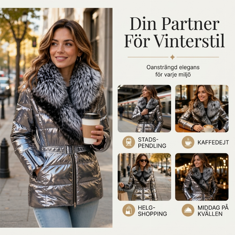 Damjacka i Metallisk Finish med Imitationspälskrage – Midjebälte & Vadderad Passform