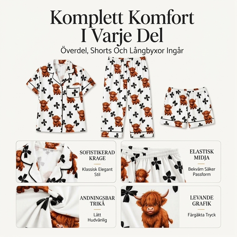 🐮Pyjamasset Dam med Highland Cow-mönster – Mjukt & Mysigt 3-delat Set