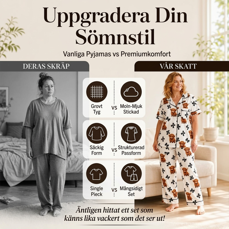 🐮Pyjamasset Dam med Highland Cow-mönster – Mjukt & Mysigt 3-delat Set