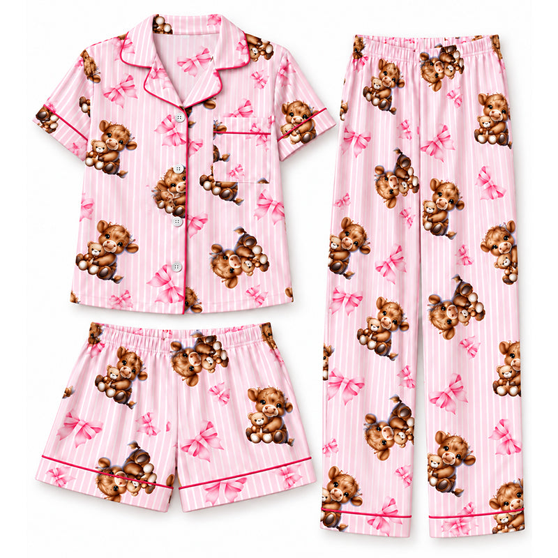 🐮Pyjamasset Dam med Highland Cow-mönster – Mjukt & Mysigt 3-delat Set