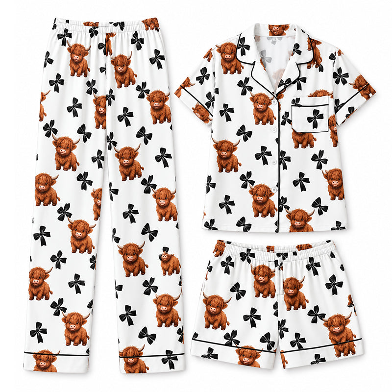 🐮Pyjamasset Dam med Highland Cow-mönster – Mjukt & Mysigt 3-delat Set
