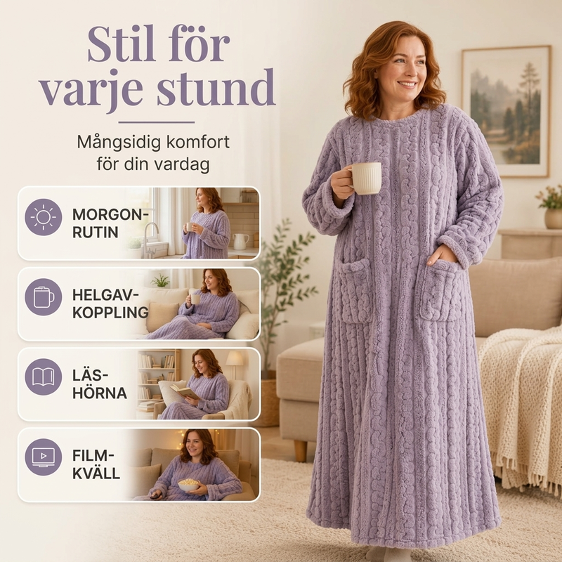 🌙 Lång Nattklänning Dam i Mjuk Plysch – Varm & Mysig med Fickor✨