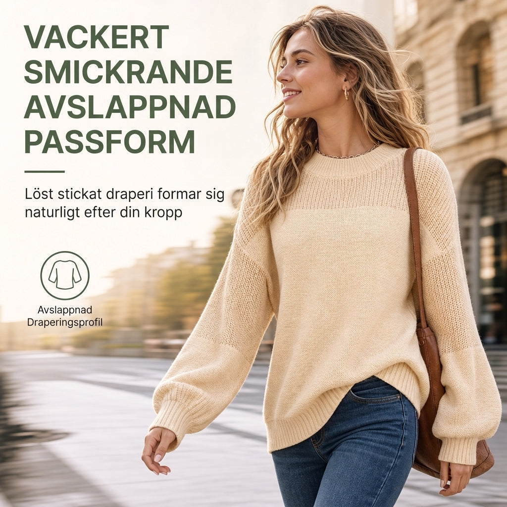 Stickad Tröja Dam med Ballongärmar – Mjuk & Avslappnad Pullover