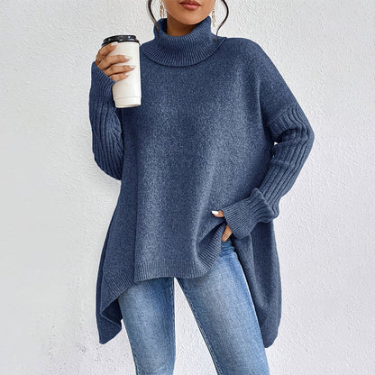 Stickad Polotröja Dam – Oversize Tröja med Asymmetrisk Fåll
