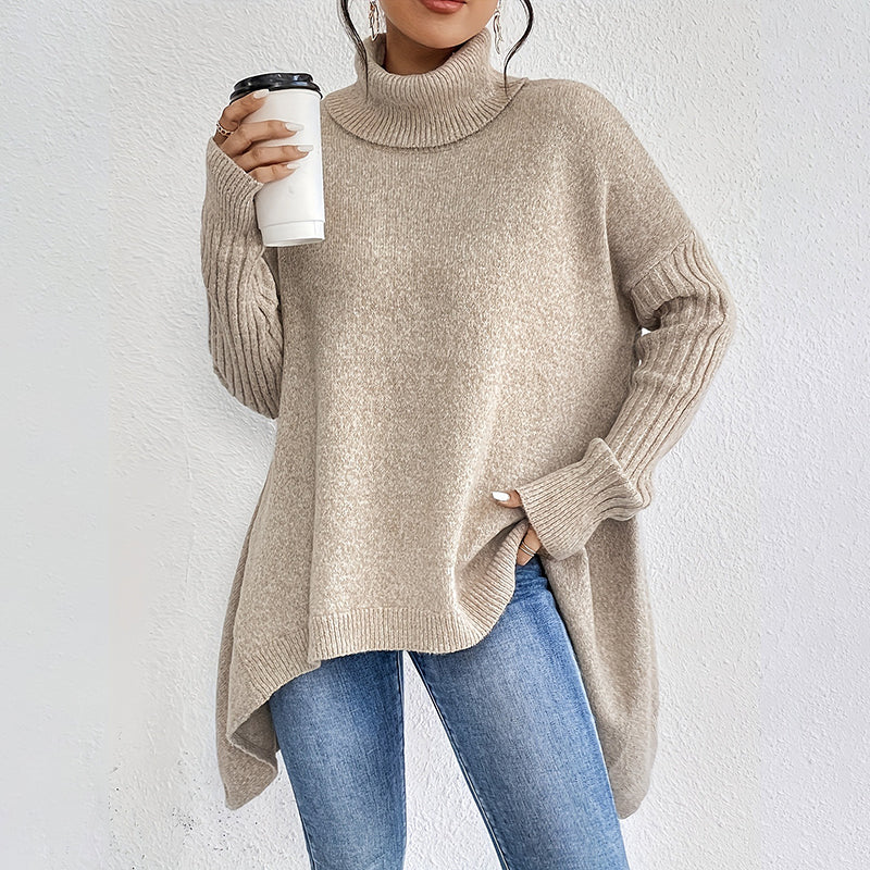 Stickad Polotröja Dam – Oversize Tröja med Asymmetrisk Fåll