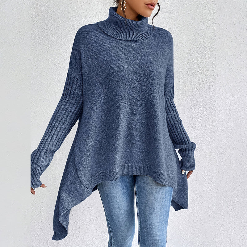 Stickad Polotröja Dam – Oversize Tröja med Asymmetrisk Fåll