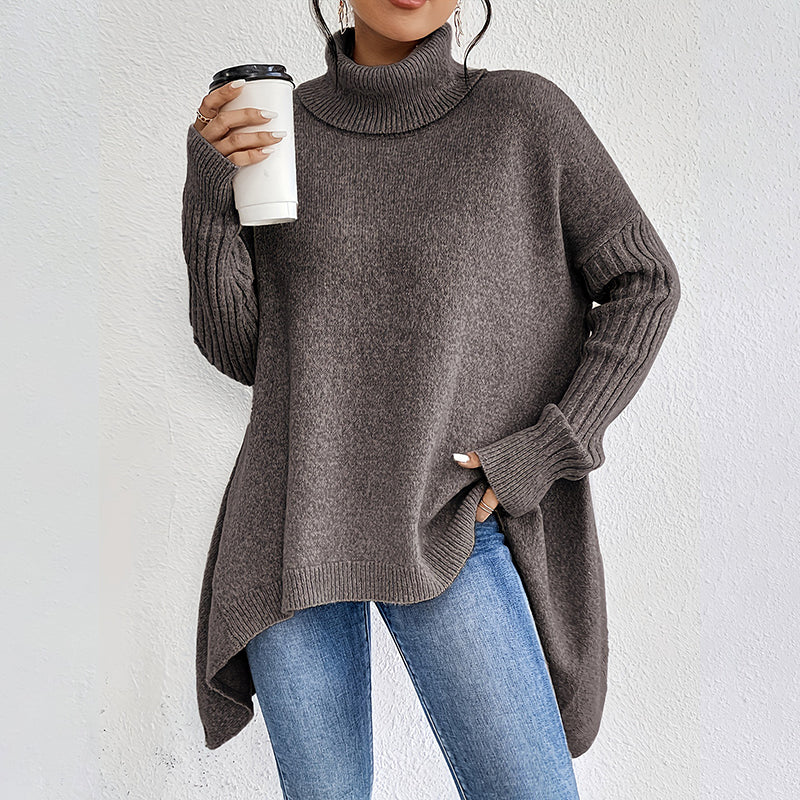 Stickad Polotröja Dam – Oversize Tröja med Asymmetrisk Fåll
