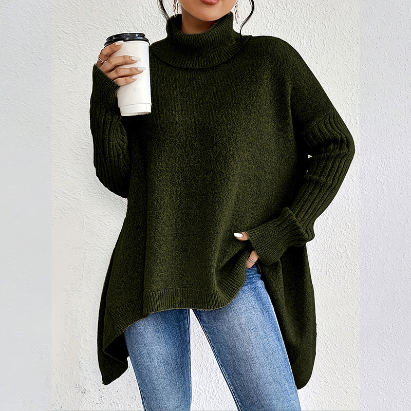 Stickad Polotröja Dam – Oversize Tröja med Asymmetrisk Fåll