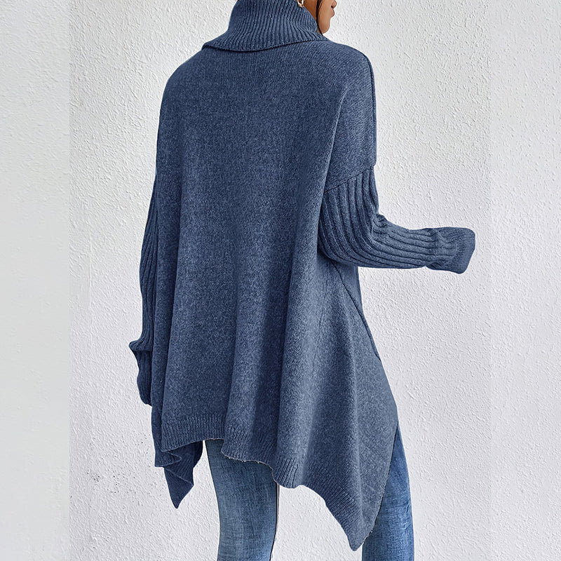 Stickad Polotröja Dam – Oversize Tröja med Asymmetrisk Fåll