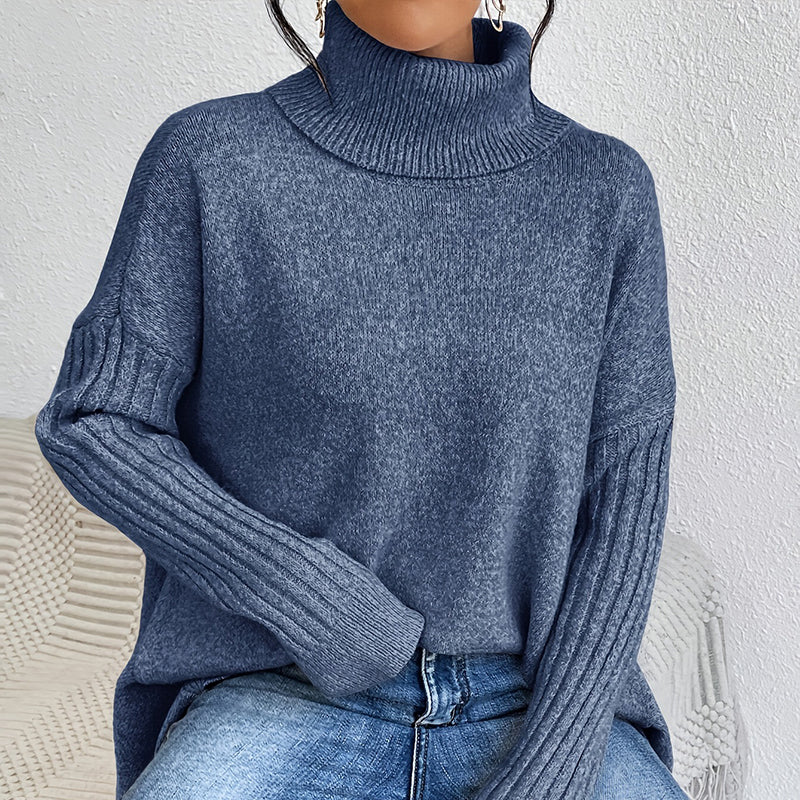 Stickad Polotröja Dam – Oversize Tröja med Asymmetrisk Fåll
