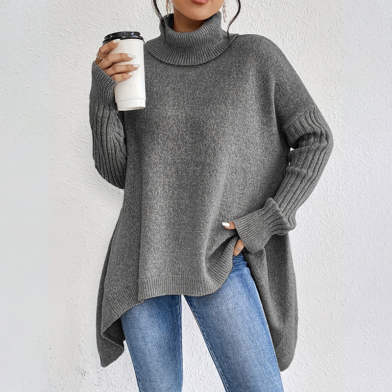 Stickad Polotröja Dam – Oversize Tröja med Asymmetrisk Fåll